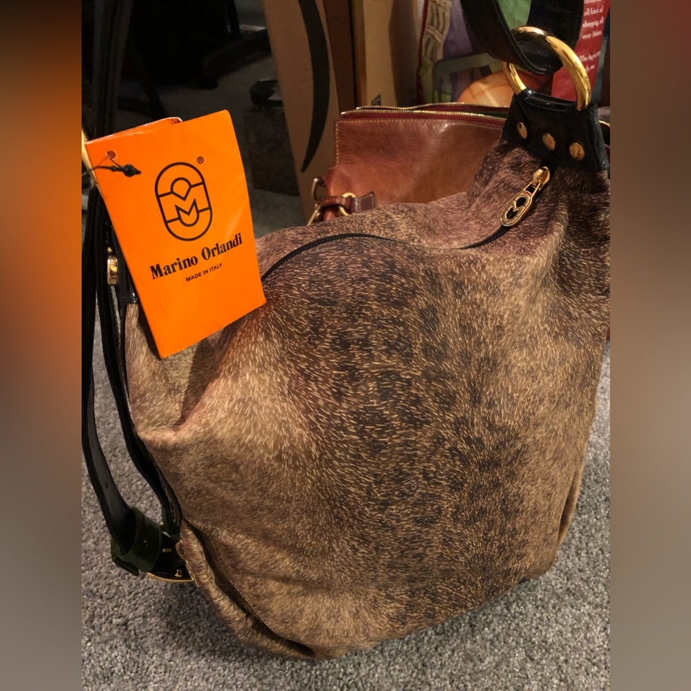 MARINO ORLANDI Animal Print ❤️💚ITALIAN Patent LEATHER BUCKET SLING BAG NWT